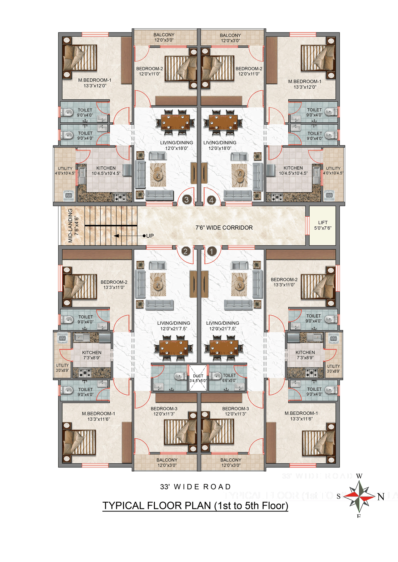 Typical floor plan, 1st to 5th floor, four flats per floor